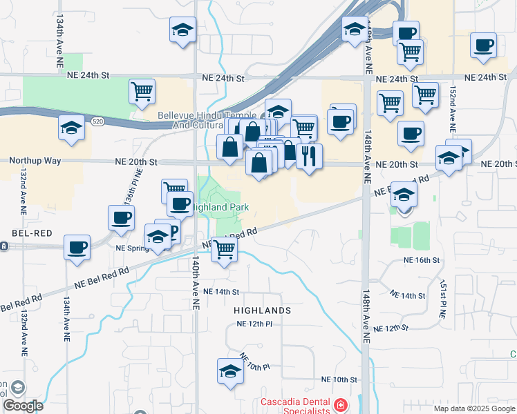 map of restaurants, bars, coffee shops, grocery stores, and more near 14230 Bel-Red Road in Bellevue