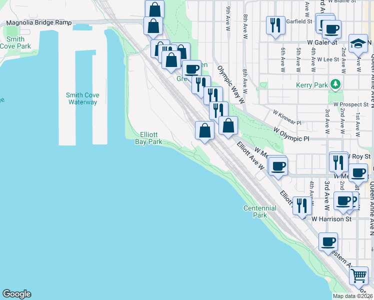 map of restaurants, bars, coffee shops, grocery stores, and more near Elliott Bay Trail (Terminal 91 Bike Path) in Seattle
