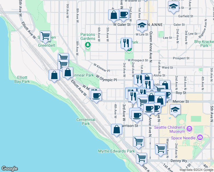 map of restaurants, bars, coffee shops, grocery stores, and more near 410 West Roy Street in Seattle