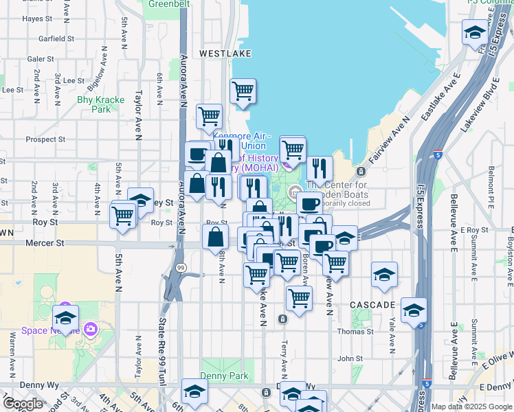 map of restaurants, bars, coffee shops, grocery stores, and more near 709 Westlake Ave N in Seattle