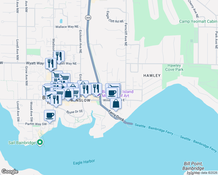 map of restaurants, bars, coffee shops, grocery stores, and more near 320 Hyak Place Northeast in Bainbridge Island