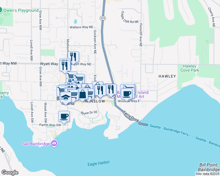 map of restaurants, bars, coffee shops, grocery stores, and more near 301 Ravine Lane Northeast in Bainbridge Island