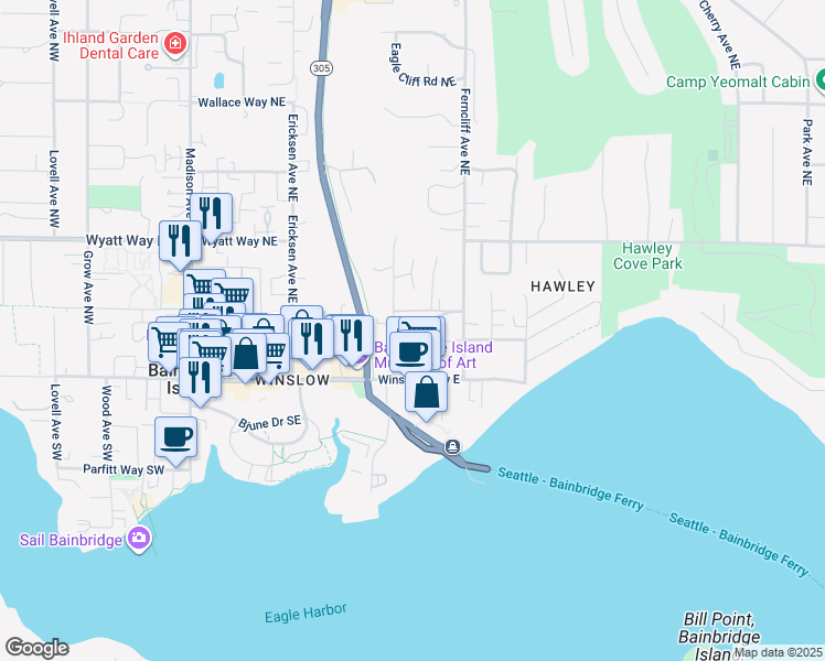 map of restaurants, bars, coffee shops, grocery stores, and more near 747 Hanami Lane Northeast in Bainbridge Island