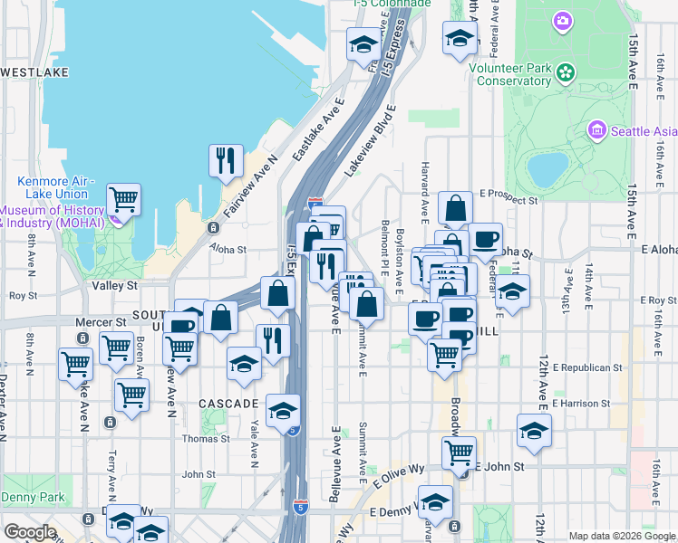 map of restaurants, bars, coffee shops, grocery stores, and more near 740 Bellevue Avenue East in Seattle