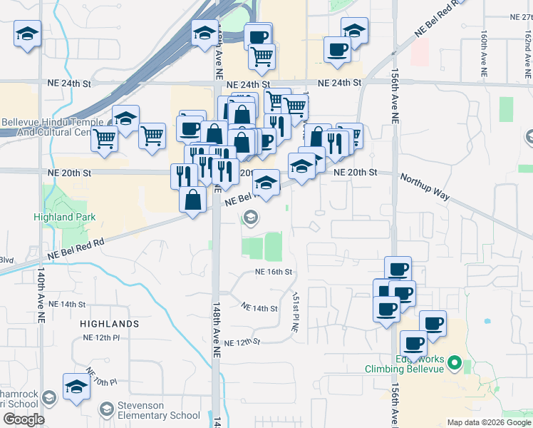 map of restaurants, bars, coffee shops, grocery stores, and more near 15022 Bel Red Rd in Bellevue
