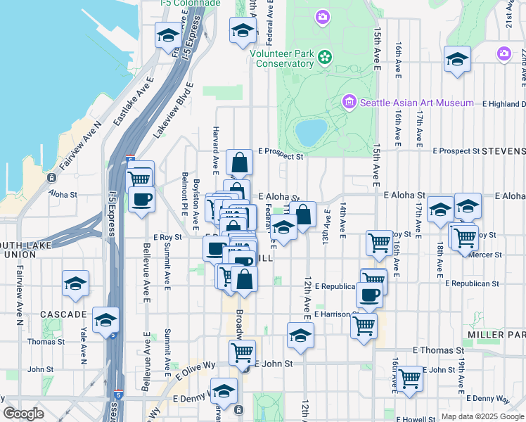 map of restaurants, bars, coffee shops, grocery stores, and more near 871 11th Avenue East in Seattle