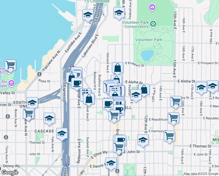 map of restaurants, bars, coffee shops, grocery stores, and more near 752 Harvard Avenue East in Seattle