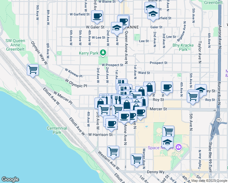 map of restaurants, bars, coffee shops, grocery stores, and more near 101 West Olympic Place in Seattle