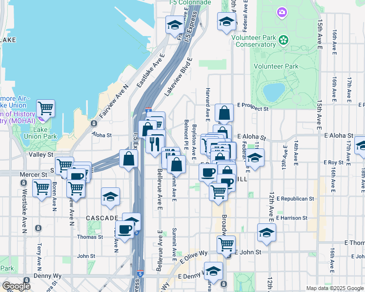 map of restaurants, bars, coffee shops, grocery stores, and more near 711 Belmont Place East in Seattle