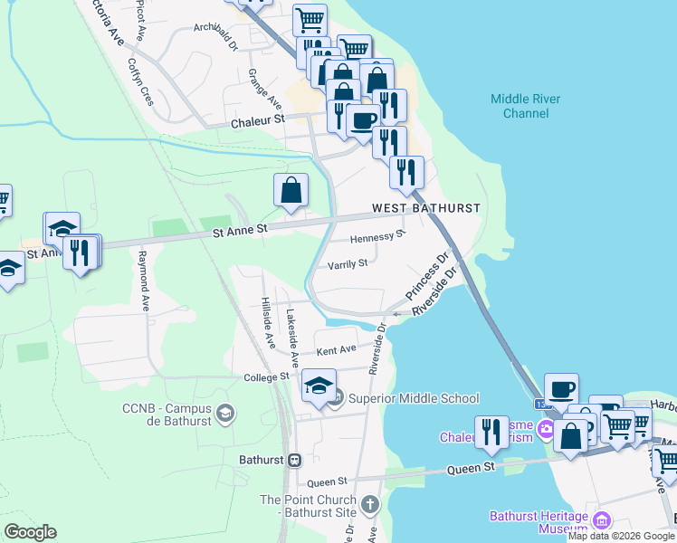 map of restaurants, bars, coffee shops, grocery stores, and more near 471 Varrily Street in Bathurst