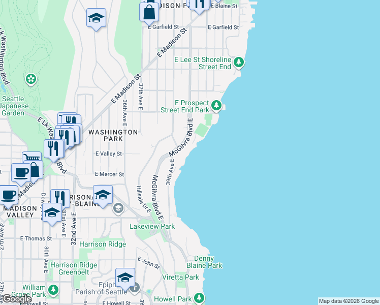map of restaurants, bars, coffee shops, grocery stores, and more near 814 McGilvra Boulevard East in Seattle