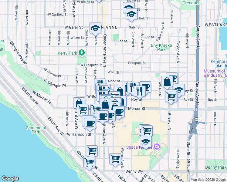 map of restaurants, bars, coffee shops, grocery stores, and more near 1st Ave N & Valley St in Seattle