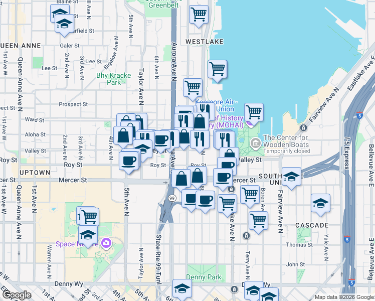 map of restaurants, bars, coffee shops, grocery stores, and more near 801 Dexter Avenue North in Seattle