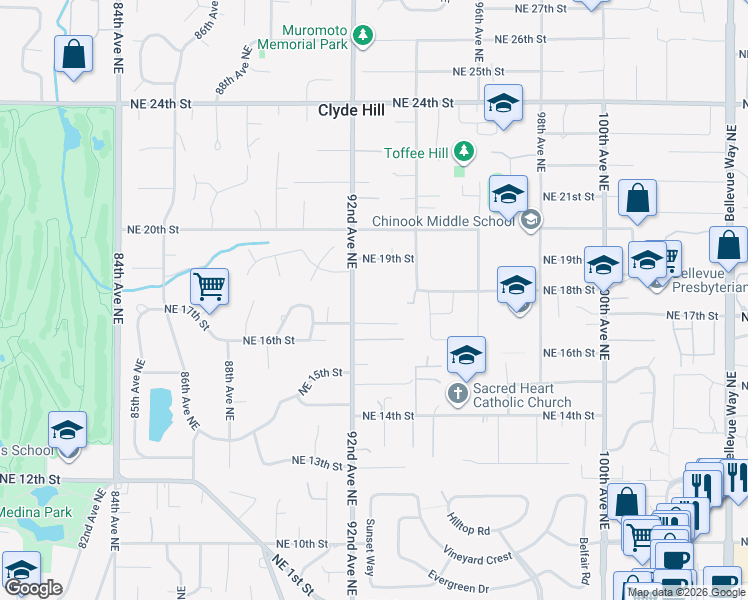 map of restaurants, bars, coffee shops, grocery stores, and more near 1750 92nd Avenue Northeast in Clyde Hill
