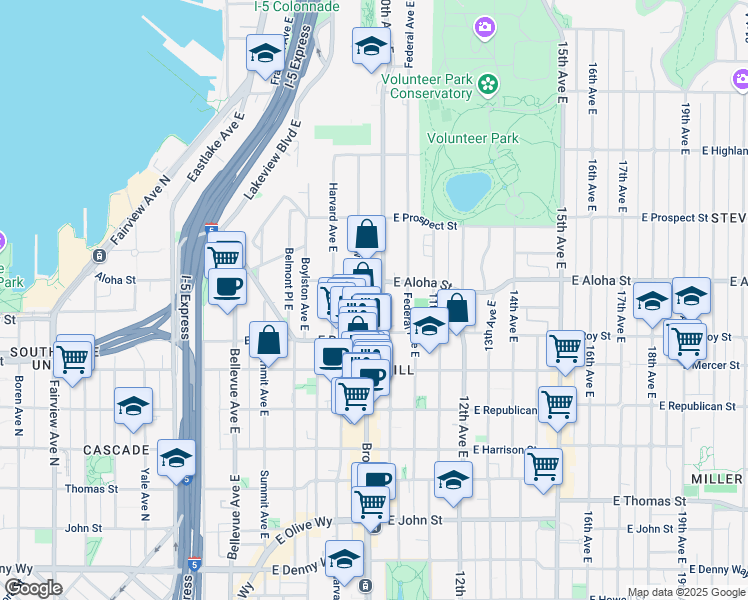 map of restaurants, bars, coffee shops, grocery stores, and more near 739 10th Avenue East in Seattle