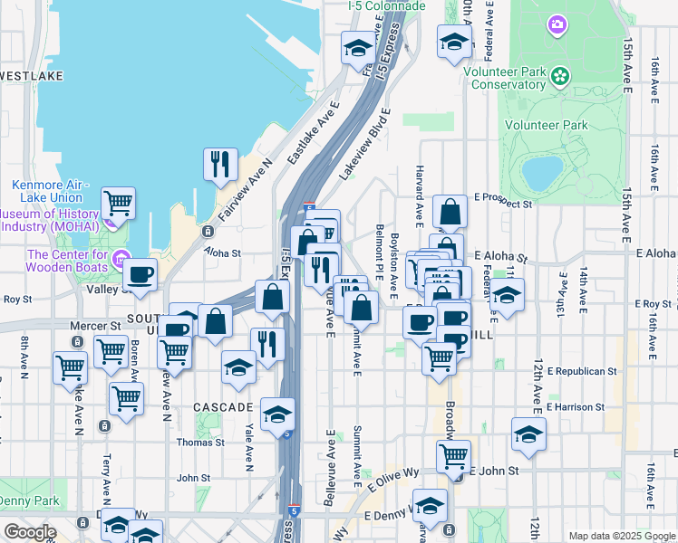 map of restaurants, bars, coffee shops, grocery stores, and more near in Seattle