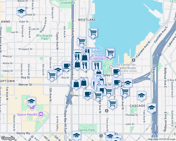 map of restaurants, bars, coffee shops, grocery stores, and more near 709 Westlake Avenue North in Seattle