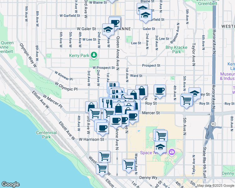 map of restaurants, bars, coffee shops, grocery stores, and more near 800 Queen Anne Avenue North in Seattle