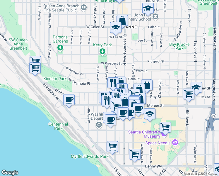 map of restaurants, bars, coffee shops, grocery stores, and more near in Seattle