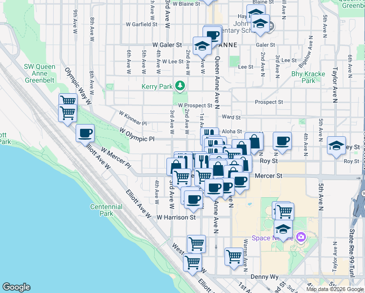 map of restaurants, bars, coffee shops, grocery stores, and more near in Seattle