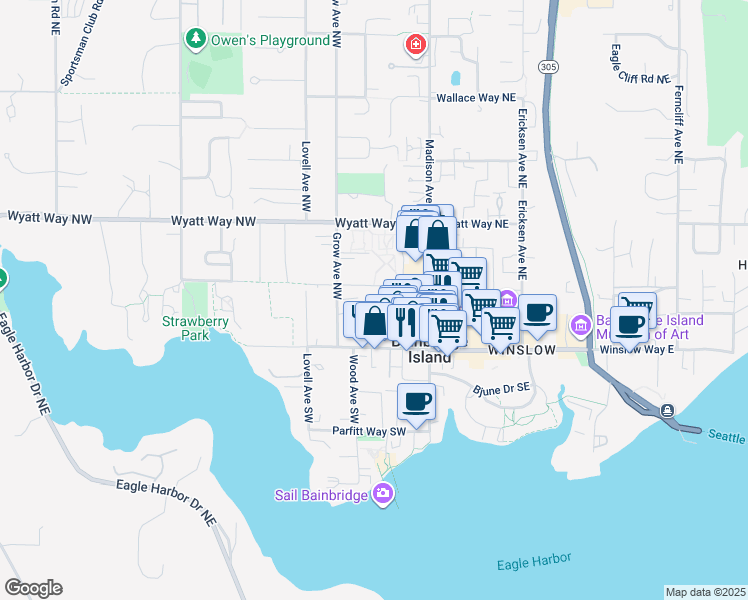 map of restaurants, bars, coffee shops, grocery stores, and more near 281 Shepard Way Northwest in Bainbridge Island