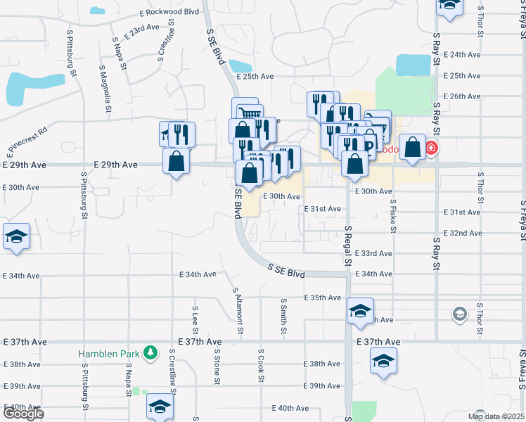 map of restaurants, bars, coffee shops, grocery stores, and more near 3131 South Cook Street in Spokane