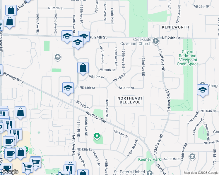 map of restaurants, bars, coffee shops, grocery stores, and more near 16802 Northeast 19th Street in Bellevue