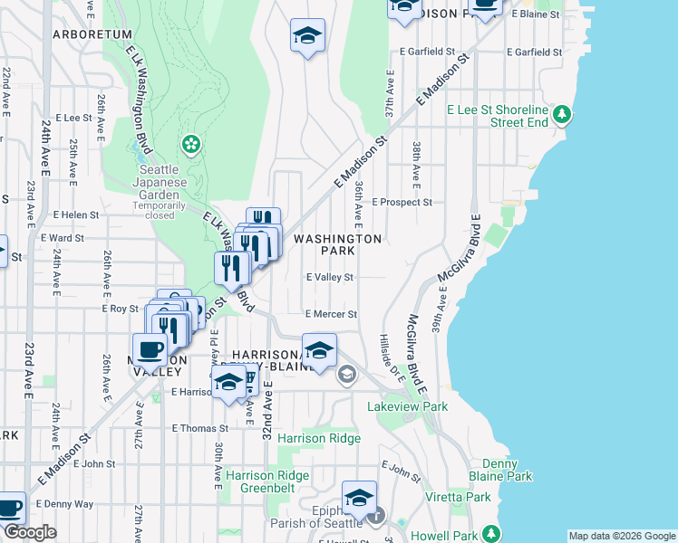 map of restaurants, bars, coffee shops, grocery stores, and more near in Seattle