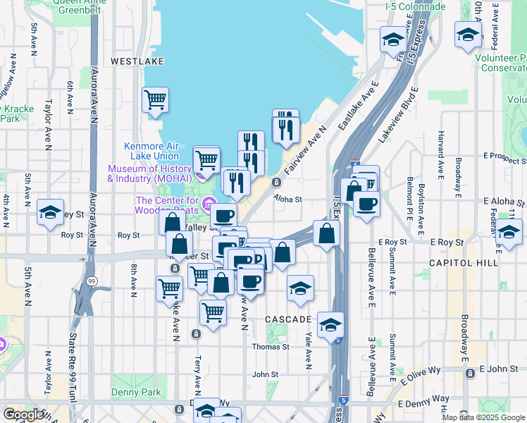 map of restaurants, bars, coffee shops, grocery stores, and more near 800 Fairview Avenue North in Seattle