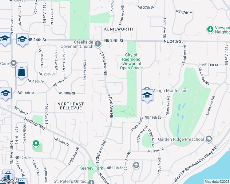 map of restaurants, bars, coffee shops, grocery stores, and more near 17318 Northeast 18th Place in Bellevue