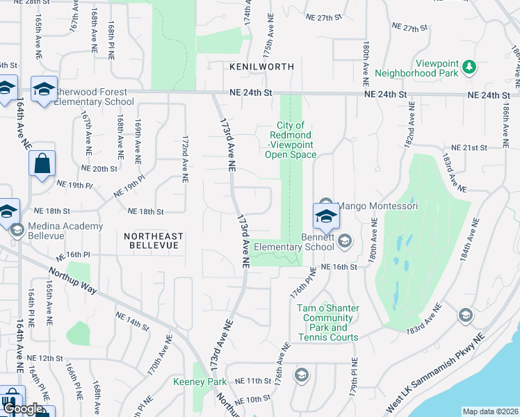 map of restaurants, bars, coffee shops, grocery stores, and more near 17318 Northeast 18th Place in Bellevue