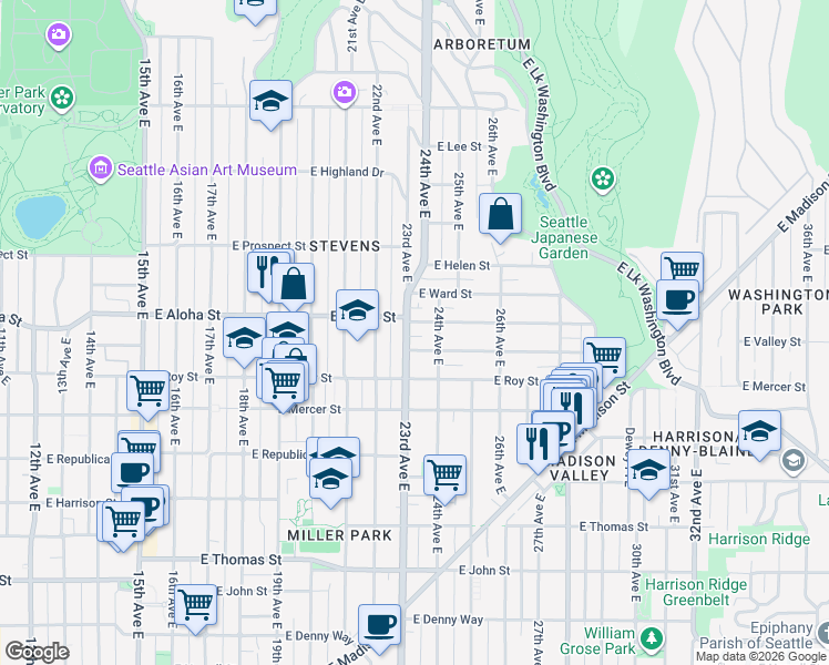 map of restaurants, bars, coffee shops, grocery stores, and more near in Seattle