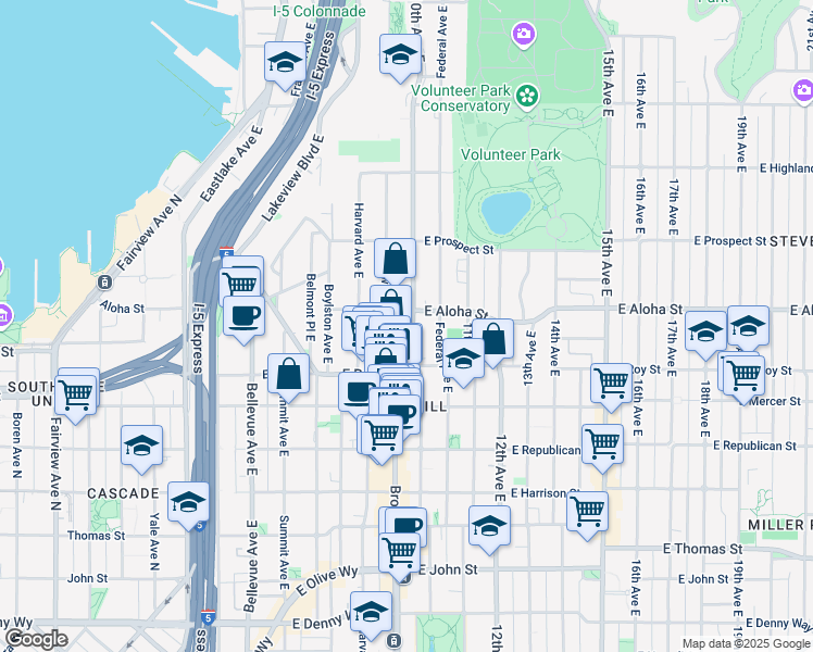 map of restaurants, bars, coffee shops, grocery stores, and more near 739 10th Avenue East in Seattle