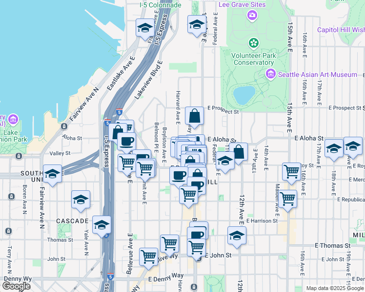 map of restaurants, bars, coffee shops, grocery stores, and more near 752 Harvard Avenue East in Seattle
