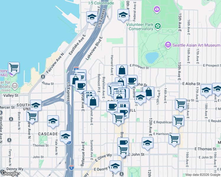 map of restaurants, bars, coffee shops, grocery stores, and more near 752 Harvard Avenue East in Seattle