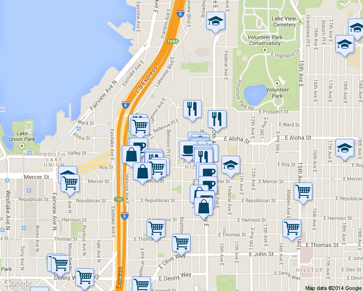 map of restaurants, bars, coffee shops, grocery stores, and more near 745 Boylston Avenue East in Seattle