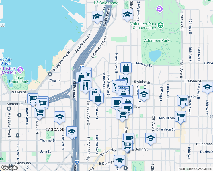 map of restaurants, bars, coffee shops, grocery stores, and more near 745 Boylston Avenue East in Seattle
