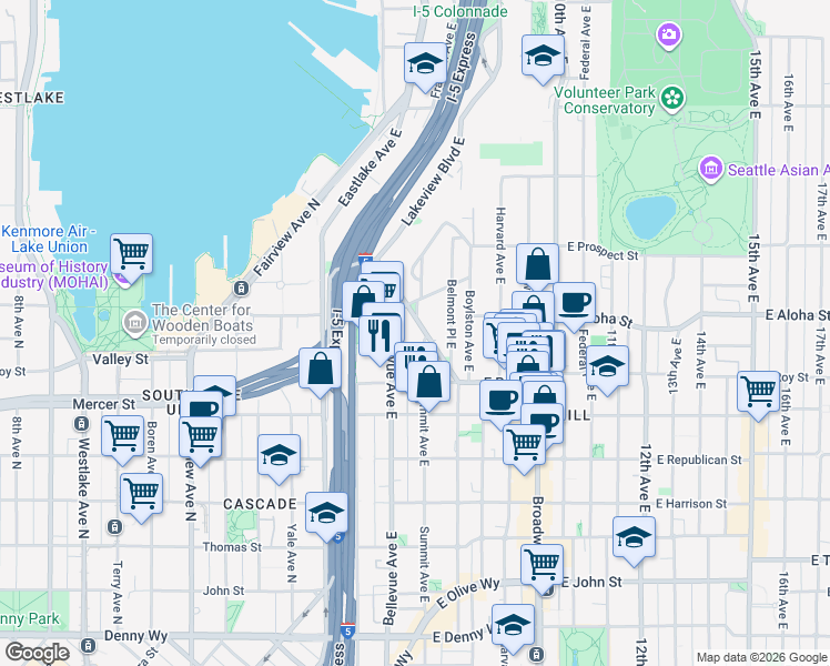 map of restaurants, bars, coffee shops, grocery stores, and more near 750 Belmont Avenue East in Seattle