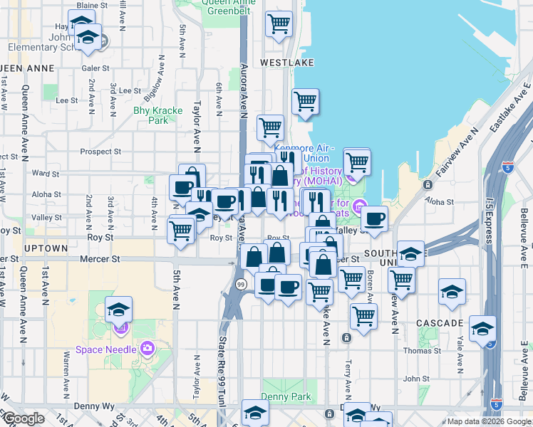 map of restaurants, bars, coffee shops, grocery stores, and more near 750 Valley Street in Seattle
