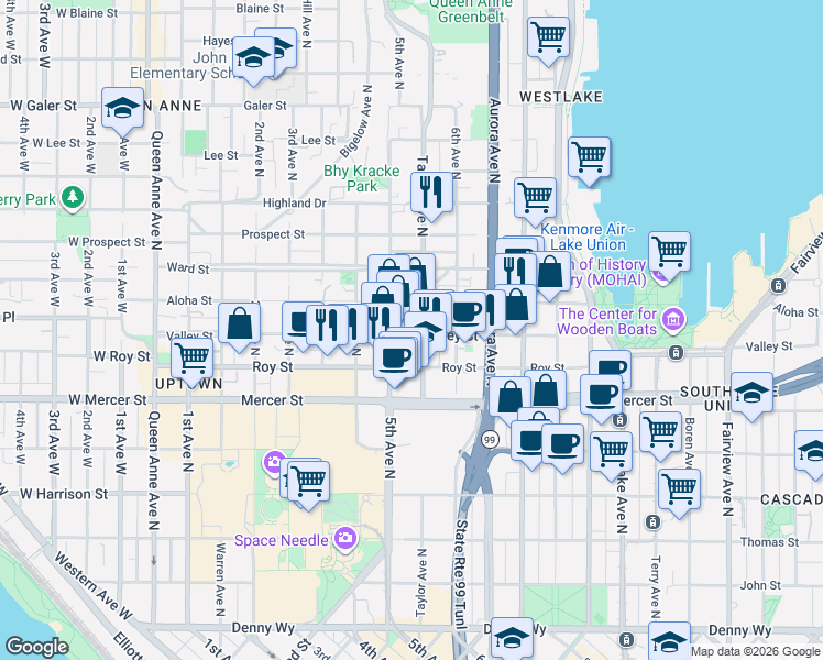 map of restaurants, bars, coffee shops, grocery stores, and more near in Seattle