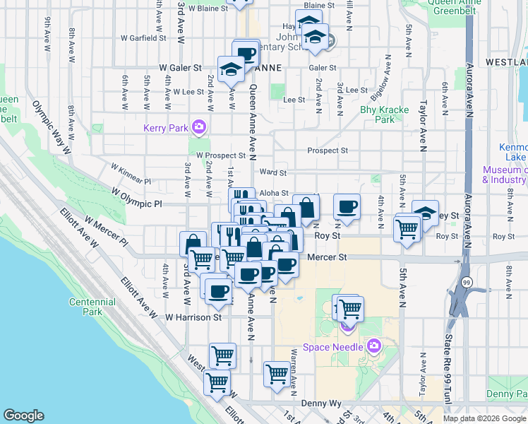 map of restaurants, bars, coffee shops, grocery stores, and more near 800 Queen Anne Avenue North in Seattle