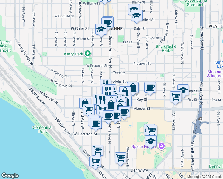map of restaurants, bars, coffee shops, grocery stores, and more near 800 Queen Anne Avenue North in Seattle