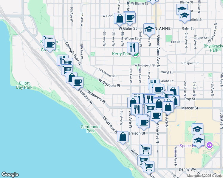 map of restaurants, bars, coffee shops, grocery stores, and more near 515 West Olympic Place in Seattle
