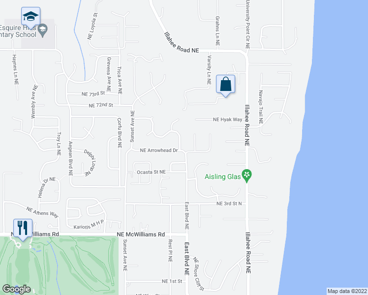 map of restaurants, bars, coffee shops, grocery stores, and more near 3560 Northeast Arrowhead Drive in Bremerton