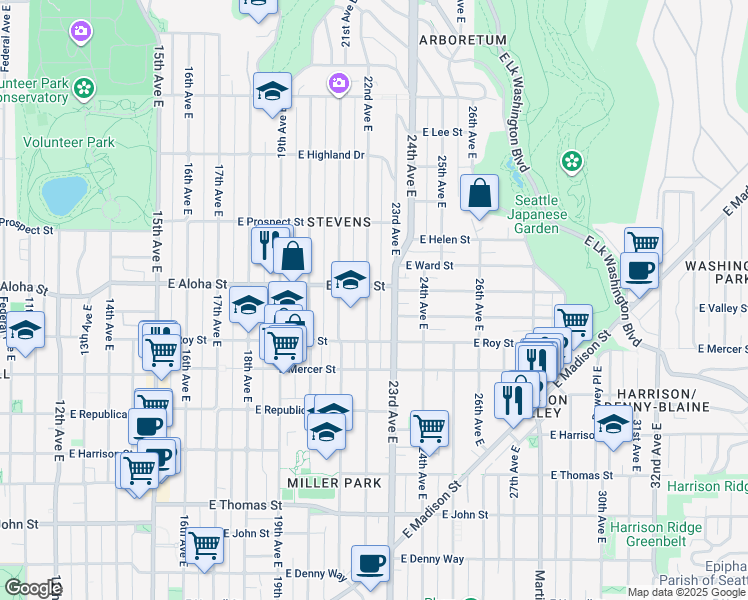 map of restaurants, bars, coffee shops, grocery stores, and more near 740 22nd Avenue East in Seattle
