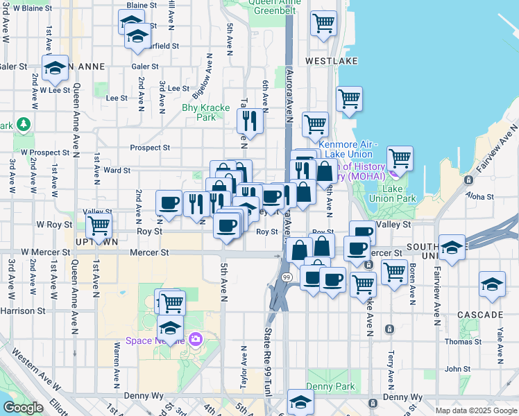 map of restaurants, bars, coffee shops, grocery stores, and more near 808 Taylor Avenue North in Seattle