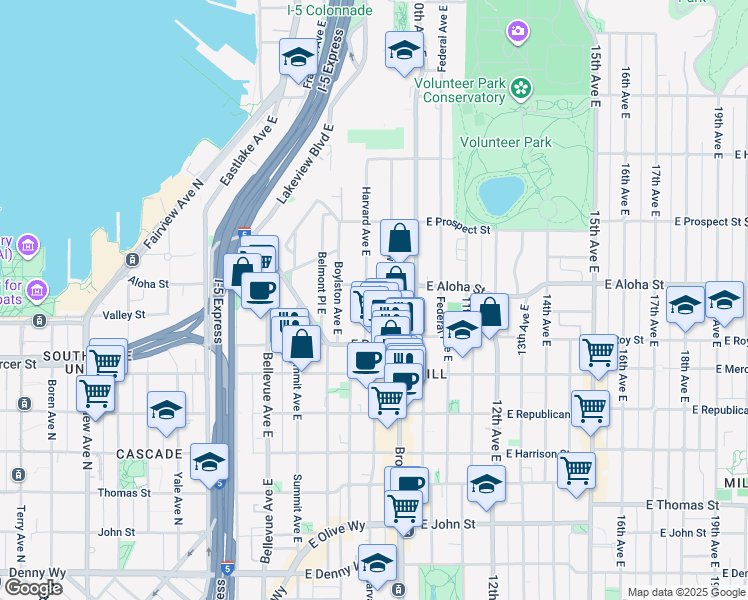 map of restaurants, bars, coffee shops, grocery stores, and more near 752 Harvard Avenue East in Seattle