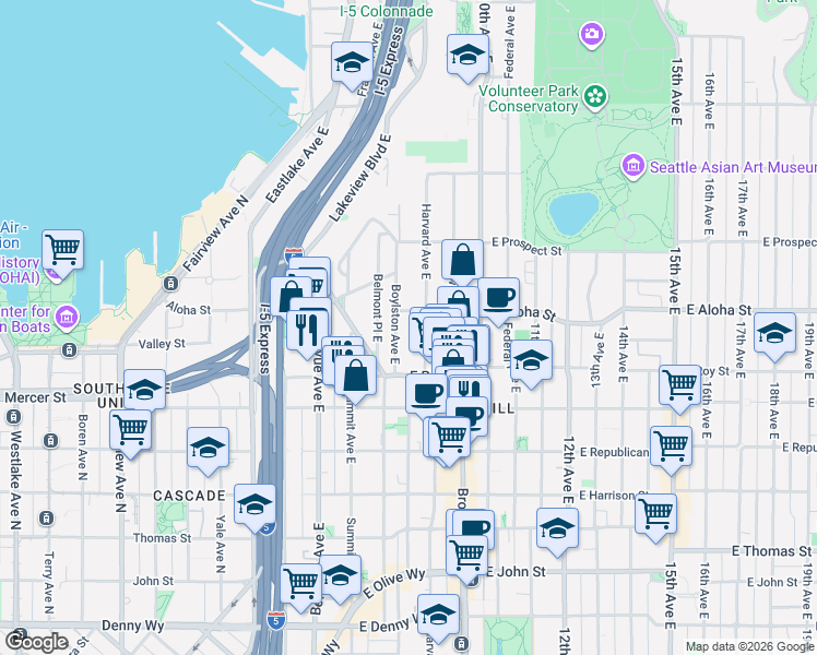 map of restaurants, bars, coffee shops, grocery stores, and more near 746 Boylston Avenue East in Seattle