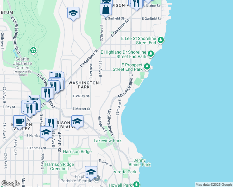 map of restaurants, bars, coffee shops, grocery stores, and more near 731 McGilvra Boulevard East in Seattle