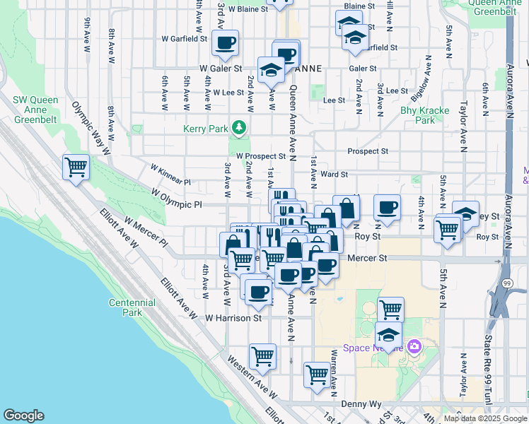 map of restaurants, bars, coffee shops, grocery stores, and more near 101 West Olympic Place in Seattle